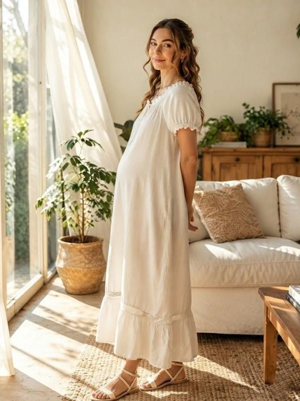 Momyknows Open Back Lace Ruched Lace-Up Maternity Photoshoot Maxi Dress - White - 3