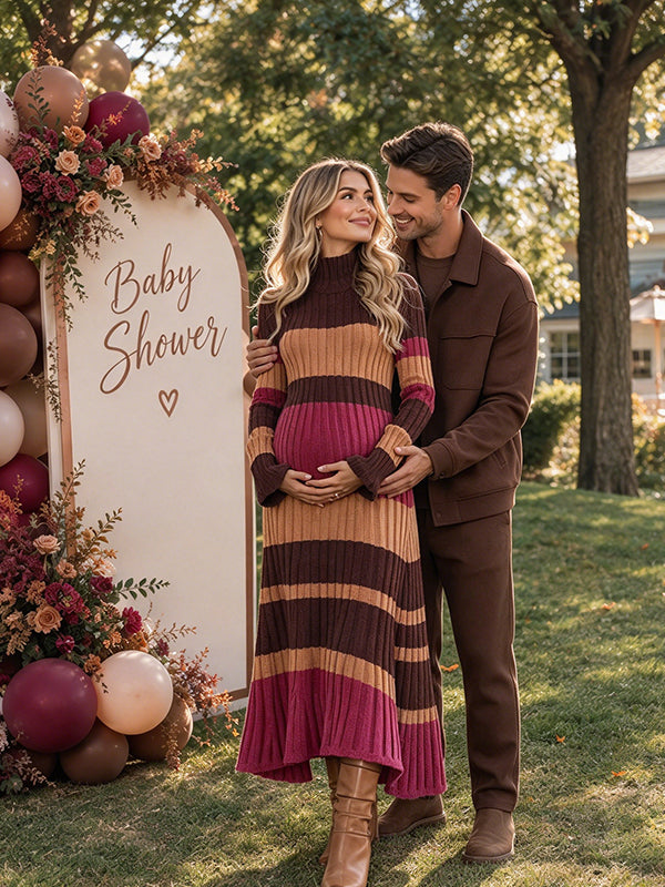 Red Crochet Maternity Maxi Dress with Striped Design and Flared Big Swing Silhouette
