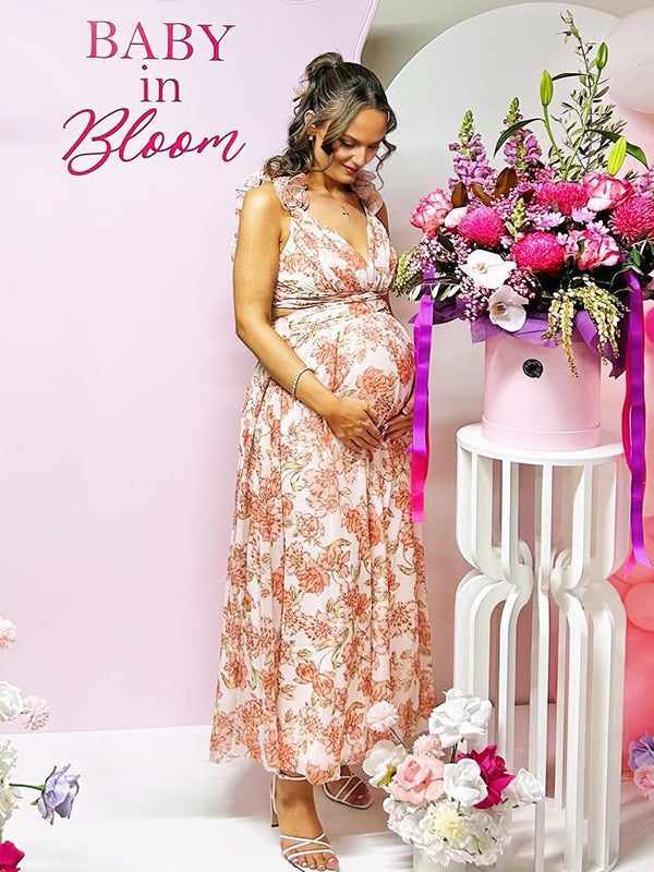 Momyknows Pink Print Cross Chest Open Back Maternity Baby Shower Maxi Dress