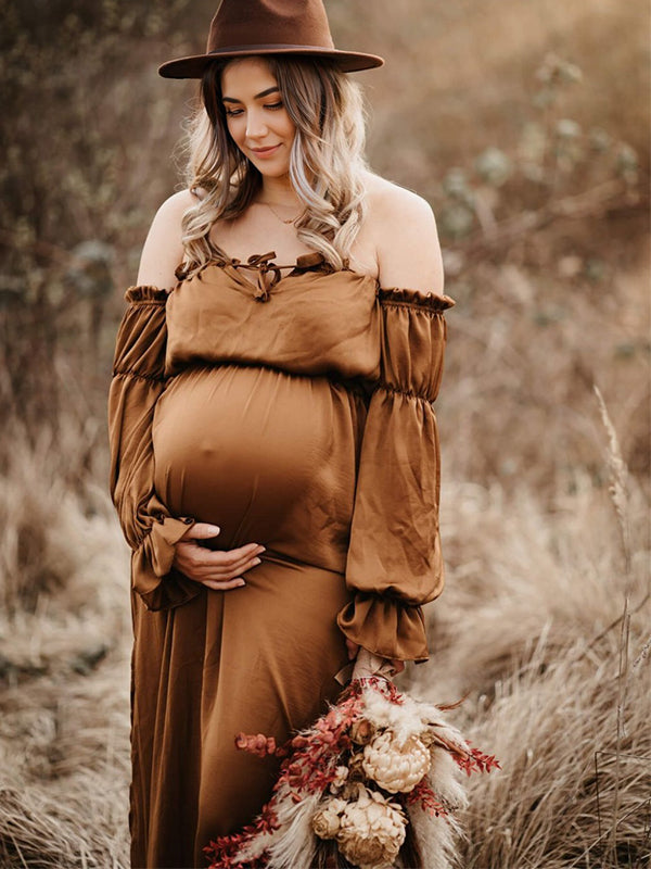 Momyknows Brown Ruffle Drawstring Crop Boho 2-in-1 Off Shoulder Photoshoot Maternity Maxi Dress