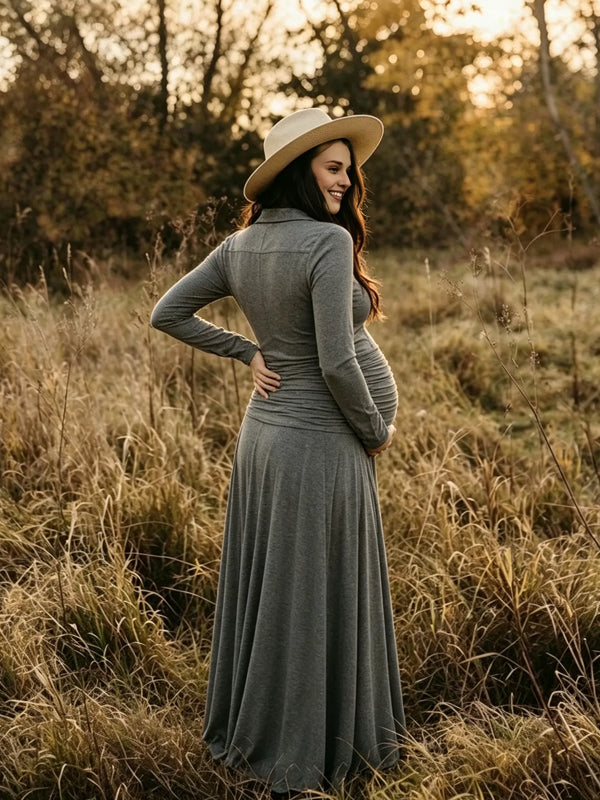 Grey Ruffle Pleated Maternity Dress with V-Neck and A-Line Design and Loose Fit