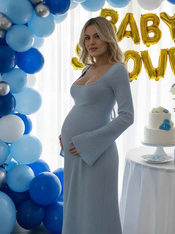 Momyknows Blue Textured Ruffle Tie Back A-line Maternity Maxi Dress