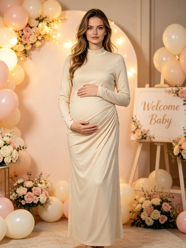 Apricot Ruched Maternity Maxi Dress with Button Detail and Bodycon Fit