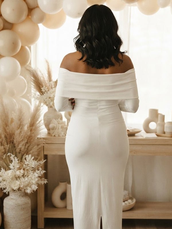 Momyknows Off Shoulder Side Slit Backless Flare Sleeve Ruched Maternity Baby Shower Maxi Dress - White - 4