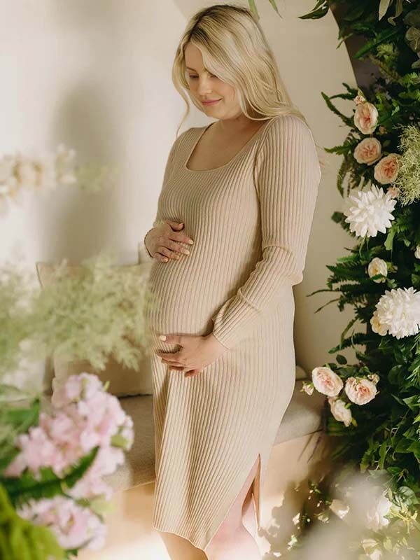Momyknows Apricot Knit Square Neck Side Slit Maternity Sweater Midi Dress