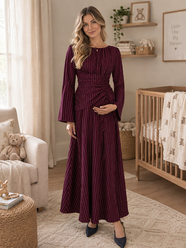 Wine Red Striped Maternity Maxi Dress with Gathering Design and Smocked Detail and Flowing Big Swing Fit, Photoshoot Occasion