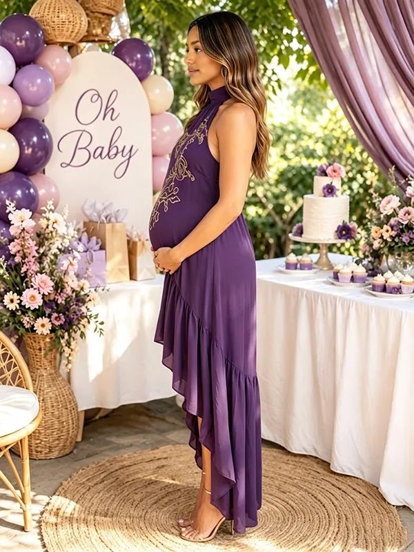 Momyknows Purple Open Back Halter Neck Falbala Embroidery Irregular Baby Shower Maxi Dress - Purple - 3