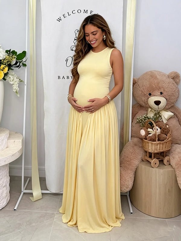 Momyknows Round Neck Ruched Draped Curved drop waist Bodycon Baby shower Maternity Maxi Dress, Pink / L