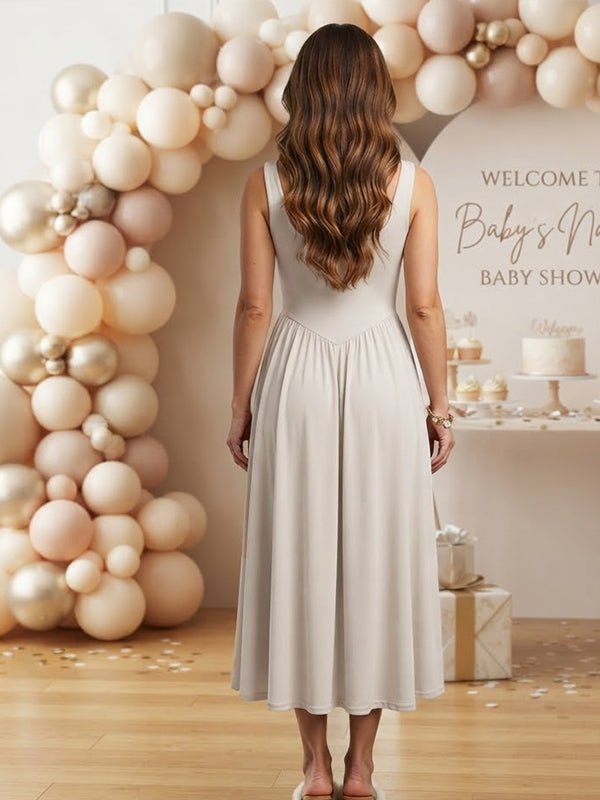 Momyknows Spaghetti Strap Ruched Backless Maternity Baby Shower Midi Dress - White - 3