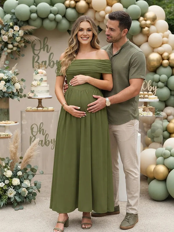 Green Off-the-Shoulder Maternity Dress with High-Waisted and Open-Back Silhouette, Baby Shower