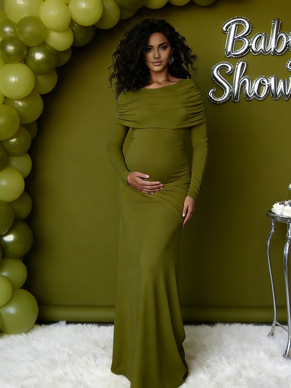 Momyknows Off Shoulder Ruched Backless Cape Spliced Maternity Baby Shower Maxi Dress Momyknows Off Shoulder Ruched Backless Cape Spliced Maternity Baby Shower Maxi Dress