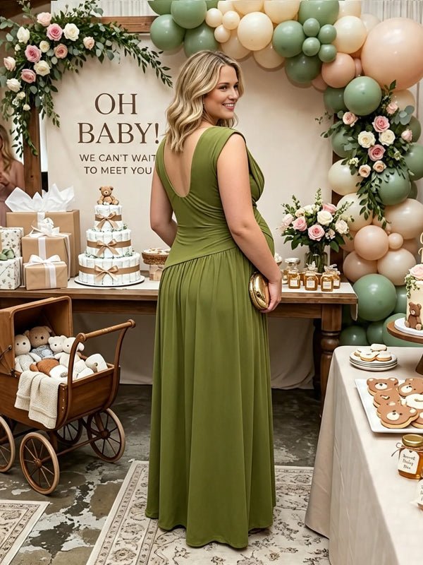 Momyknows Side Slit Splicing Backless Ruffle Maternity Baby Shower Maxi Dress - Green - 5