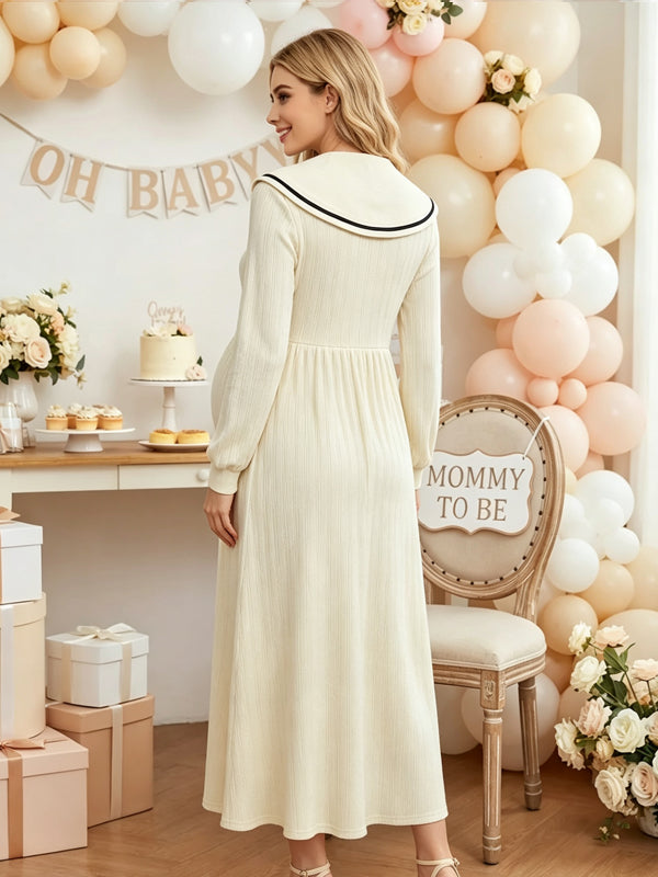 White High-Waisted Maternity Dress with Crochet Details and Button Accents and A-Line Fit