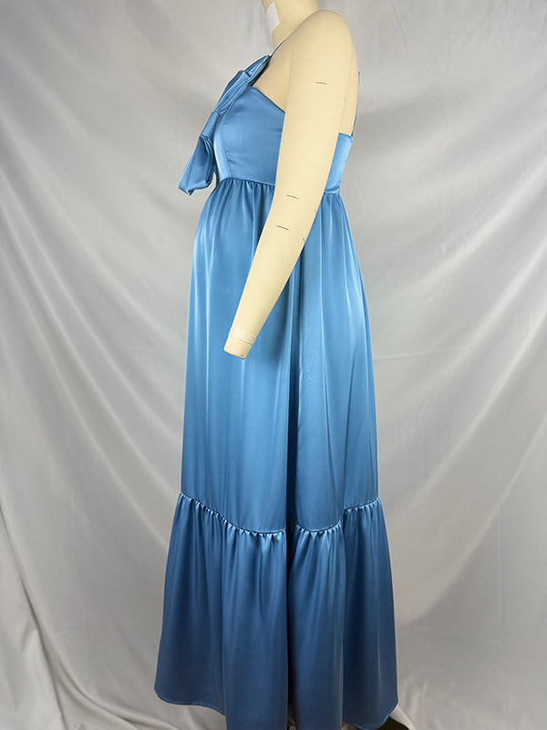 Momyknows Satin Big Bow One Shoulder A-line Elegant Maternity Baby Shower Maxi Dress Blue / S Momyknows Satin Big Bow One Shoulder A-line Elegant Maternity Baby Shower Maxi Dress Blue / S