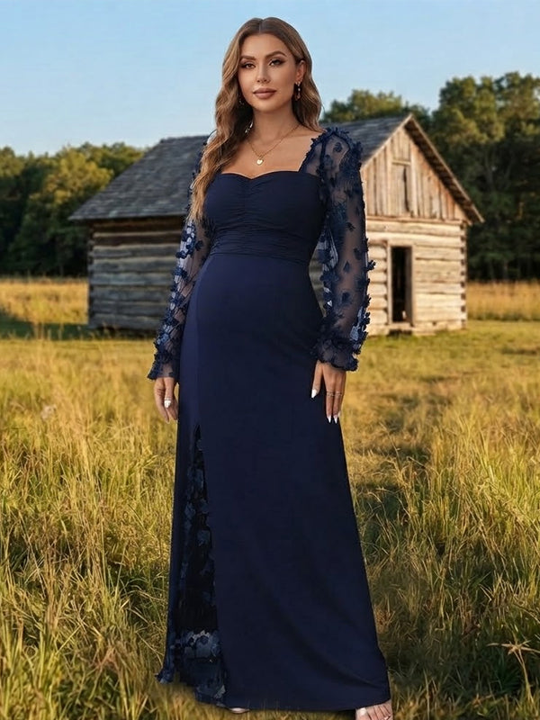 Navy Blue Elegant Ruched Lace Maternity Maxi Dress with Spliced 3D Flower Detail and Flattering Fit, Photoshoot Occasion
