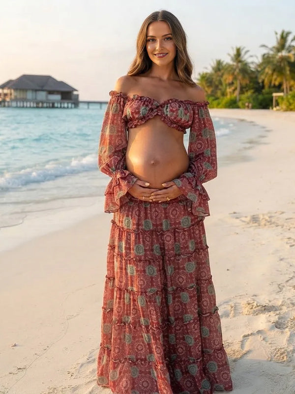 Red Print Maternity Maxi Dress with Off Shoulder Neckline and Ruffle Detail and Flattering Silhouette