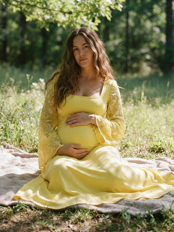 Yellow Lace Maternity Maxi Dress with Square Neck and Ruffle Accents