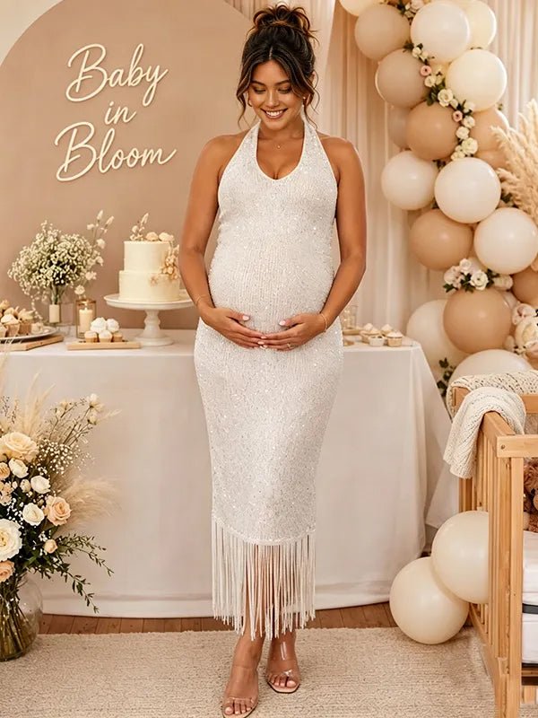 Momyknows White Halter Neck Open Back Lace-Up Bodycon Sequin Fringe Mermaid Baby Shower Midi Dress - White - 2