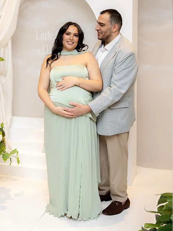 Momyknows Ruched Bodice Lace-up Scarf Back Tank Side Slit Bodycon Photoshoot Maternity Maxi Dress