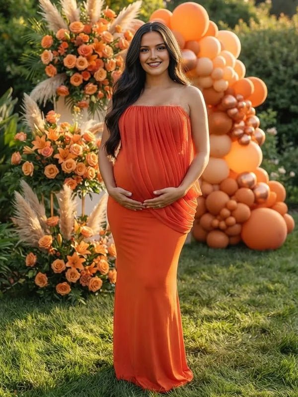 Momyknows Ruched Grenadine Irregular Bodycon Maternity Baby Shower Maxi Dress - Orange - 6