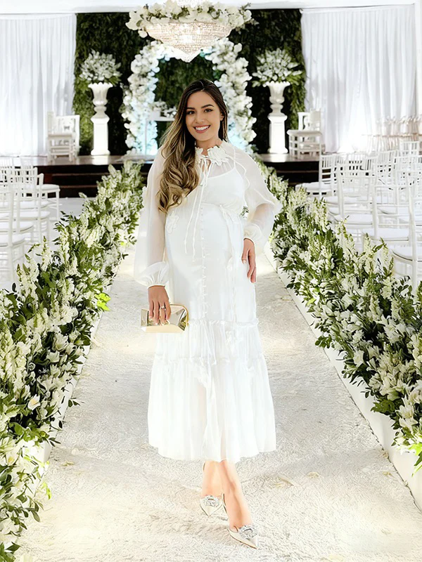 Momyknows White 3D Flowers Sheer Baby Shower Maternity Maxi Dress