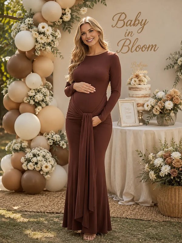 Momyknows Elegant Backless Lace Up Draped Hem Baby Shower Maternity Maxi Dress - Brown - 5