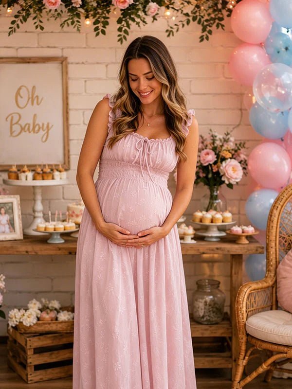 Momyknows Chic Falbala Shirring A-Line Baby Shower Maternity Maxi Dress - Pink - 3