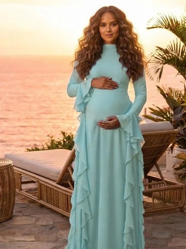 Momyknows Ruffle Flare Sleeve Big Swing Maternity Photoshoot Maxi Dress - Blue - 4
