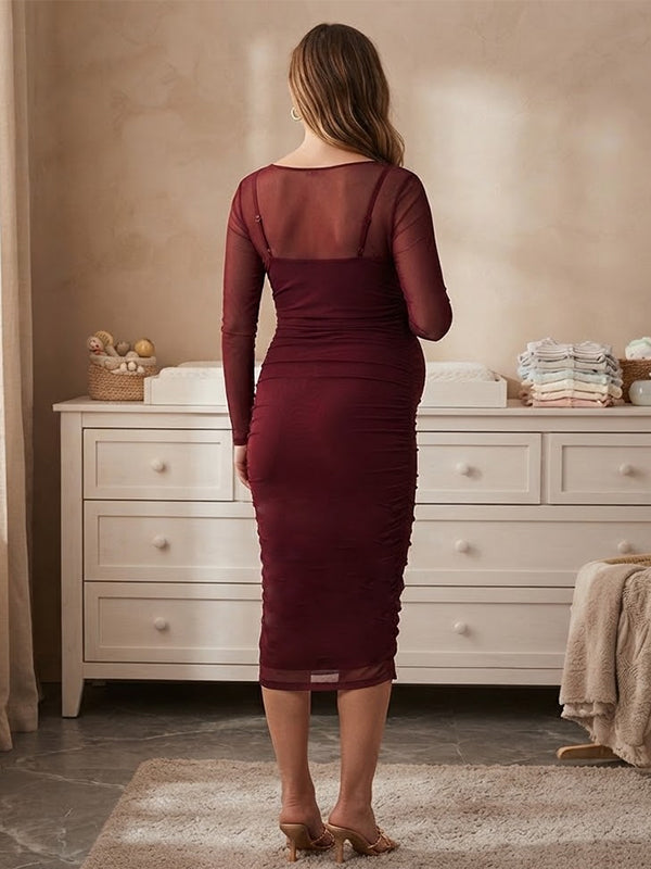 Red Two Piece Maternity Midi Dress with Sheer Panels and Spaghetti Strap Detail