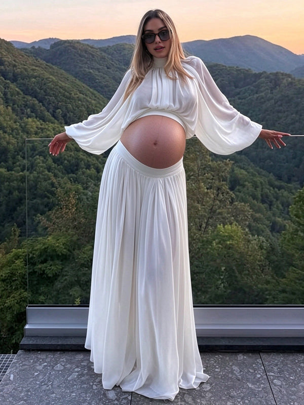 White Maternity Maxi Dress with 2-in-1 Design and Open Back