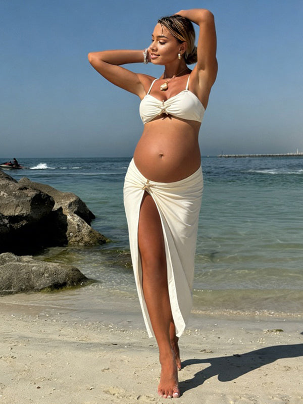 Momyknows Spaghetti Strap Ruched Side Slit Backless Three Piece Maternity Photoshoot Swimwear