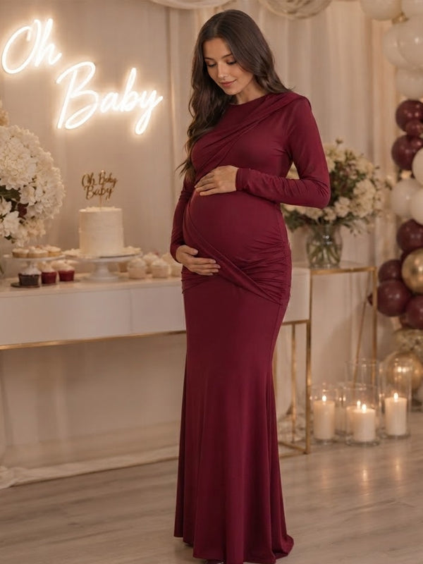Wine Red Ruched Maternity Maxi Dress with Backless Design and Bodycon Silhouette