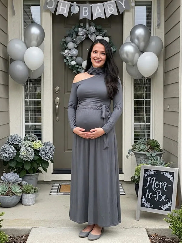 Grey Ruched Maternity Maxi Dress with Oblique Shoulder Detail and Elegant Fit, Baby Shower Occasion