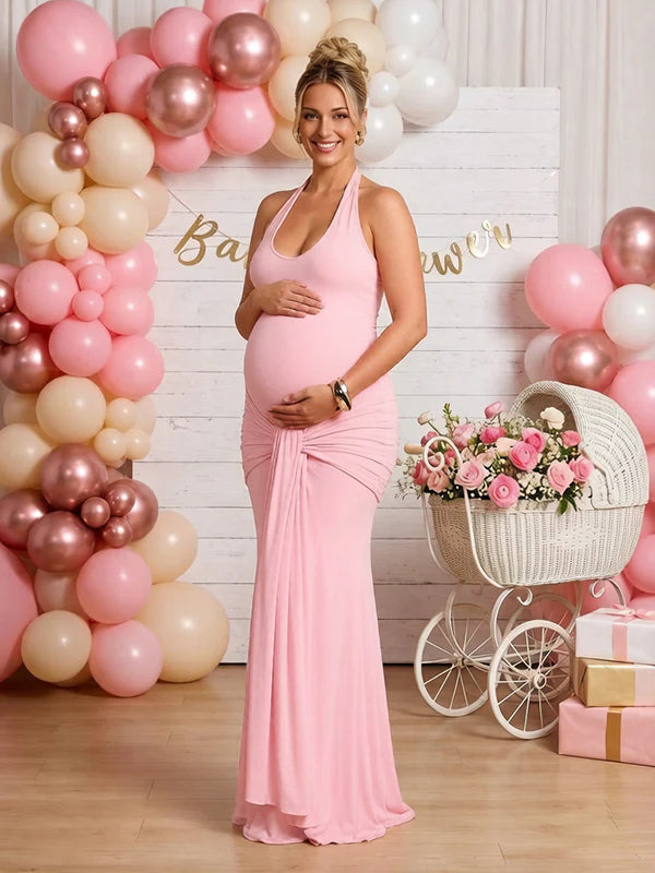 maternity halter neck dresses Olive Colorblock Pleated Halter Neck Maternity Maxi Dress PinkBlush