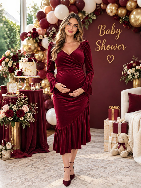 Wine Red Irregular Flare-Sleeve Pleuche Maternity Midi Dress with Flattering Fit, Baby Showe
