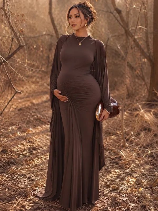 Momyknows Browm Ribbon Grenadine Ruched Side Slit Open Back Cape Maternity Photoshoot Maxi Dress - Browm - 2