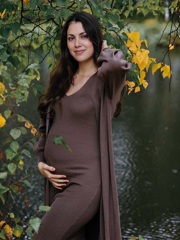 brown maternity sweater dress LANPULUX Winter Fall Maternity Sweater Dress, Long Sleeve, Turtleneck, Ribbed, 30% Wool, Brown