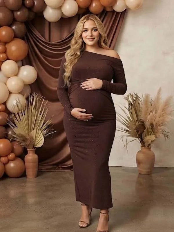Momyknows Brown Ruffle Oblique Shoulder Irregular Sequin Maternity Baby Shower Maxi Dress