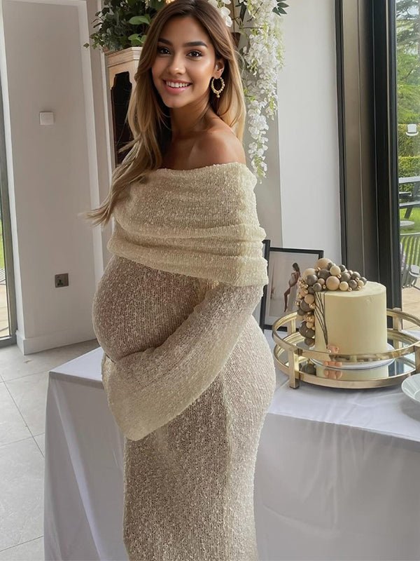Momyknows Solid Color Off Shoulder Hollow Out Knitwear Bodycon Beach Vacation Dress Baby Shower Maternity Maxi Dress, Beige / L