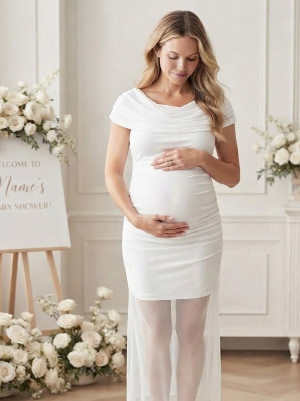 Momyknows Dangling Collar Ruched Zipper Grenadine Maternity Baby Shower Maxi Dress - White - 2