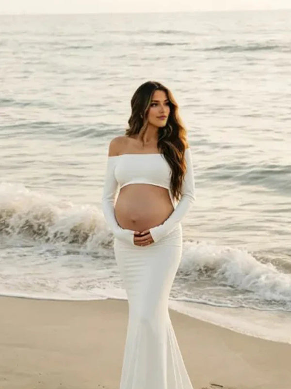 Momyknows Elegant White Cut Out Off Shoulder Mermaid Maternity Photoshoot Maxi Dress