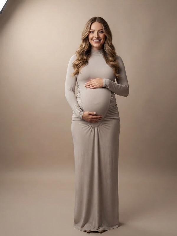 Grey Elegant Ruched Maternity Maxi Dress with High Neckline and Flattering Fit, Photoshoot Occasion