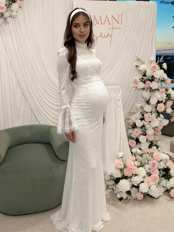 Momyknows Lace Ruched Sheer Embroidery Flare Sleeve Maternity Baby Shower Maxi Dress