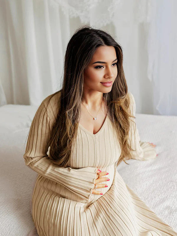 Momyknows Knit Pleated Big Swing V-neck Plus Size Sweater Elegant Going Out Maternity Photoshoot Baby Shower Maxi Dress Black / 2XL Momyknows Knit Pleated Big Swing V-neck Plus Size Sweater Elegant Going Out Maternity Photoshoot Baby Shower Maxi Dress Black / 2XL