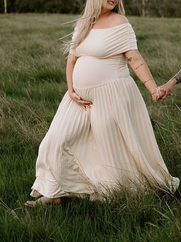 Apricot Off Shoulder Ruched Pleated Maternity Photoshoot Maxi Dress, Apricot / 2XL