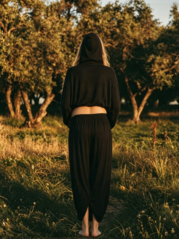 Black 2-in-1 Maternity Dress with Long Sleeves and Ruffled Hem and Hooded Design