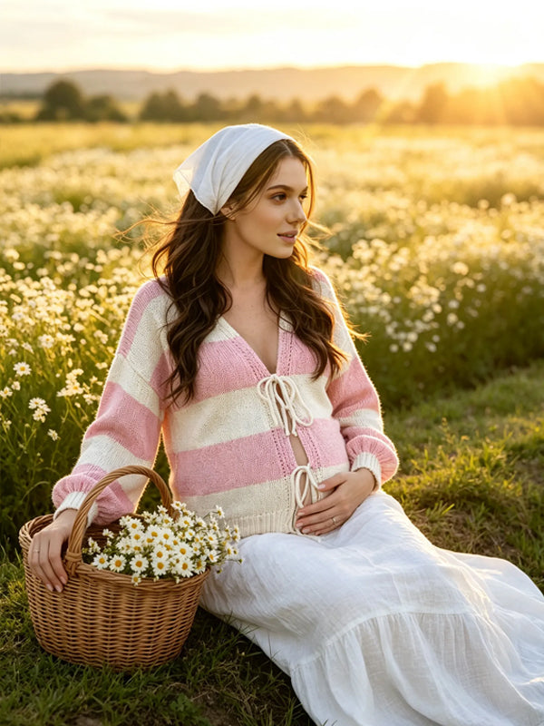 Pink Striped Maternity Outerwear with Adjustable Lace-Up Details and Relaxed Fit