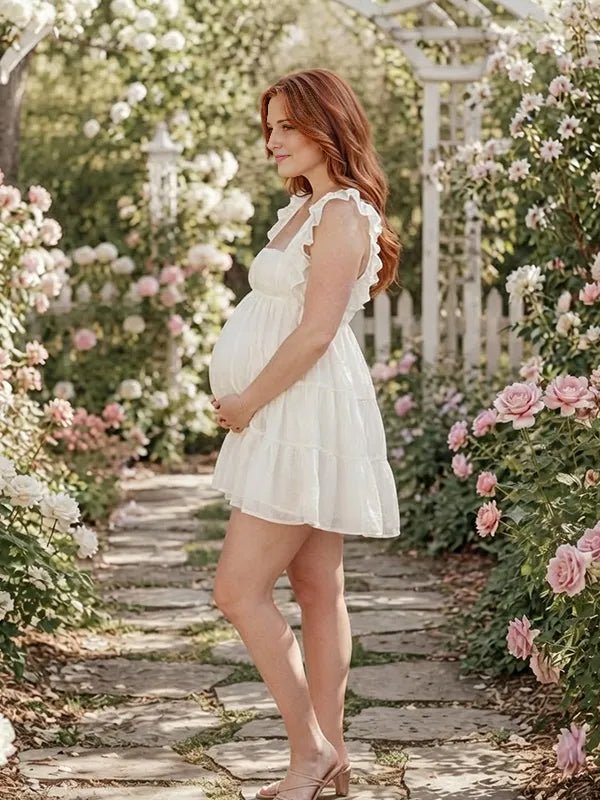 Momyknows Ruched Open Back Lace-Up A-line Bowknot Maternity Photoshoot Mini Dress - White - 2