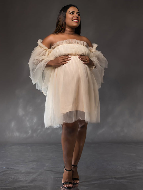 Apricot Off Shoulder Tulle Photoshoot Maternity Mini Dress