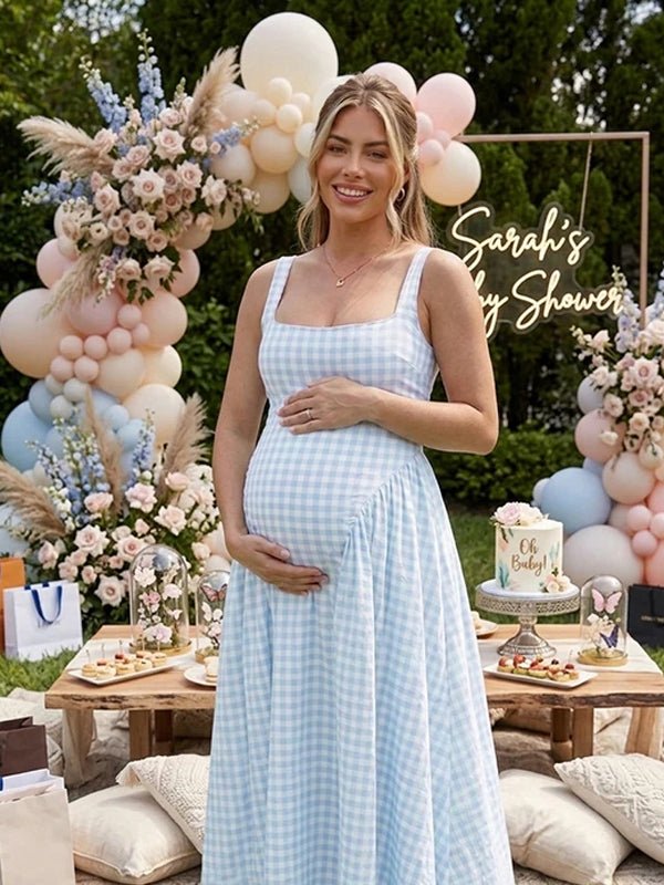 Pink Plaid Tank A-line Elegant Maternity Baby Shower Maxi Dress, Yellow / S